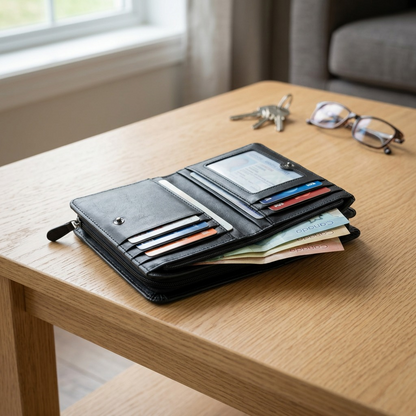 A realistic candid photograph of the open Mancini LADIES SMALL CLUTCH WALLET as seen in image_0.png, resting on a clean wooden table. Natural daylight illuminates the various compartments, clear card windows, multiple slots filled with a few credit cards, and cash, demonstrating its realistic scale and organization in daily use. All details from image_0.png are accurately preserved in composition.