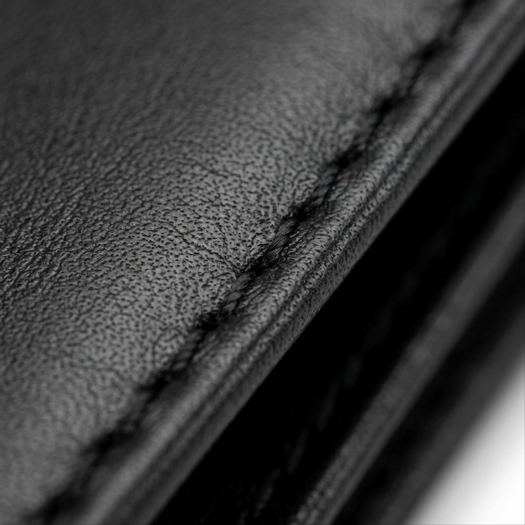 Macro photograph of natural grain leather texture and precise stitching on the black Mancini wallet.