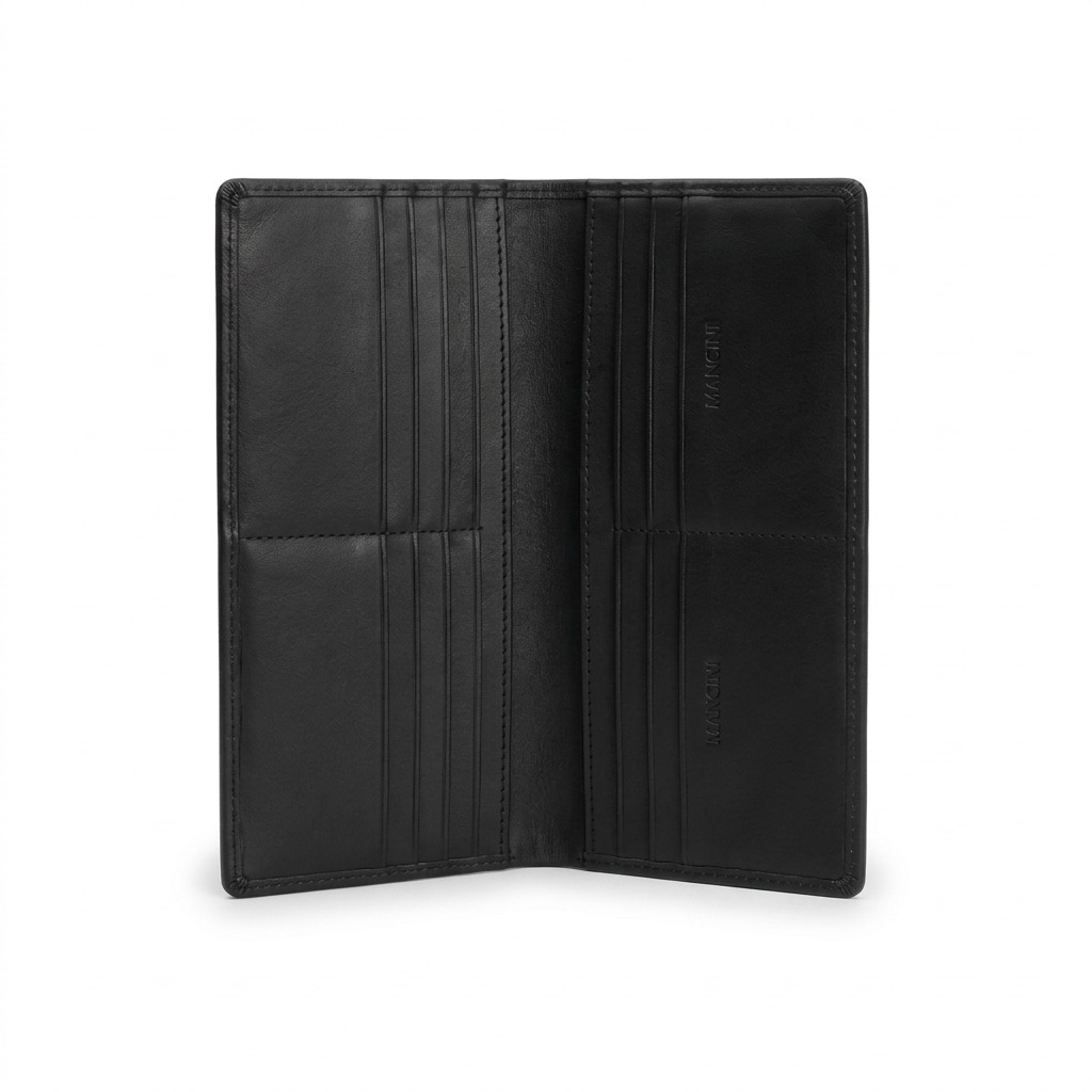 Interior view of the Mancini black buffalo leather RFID wallet showing multiple card slots.