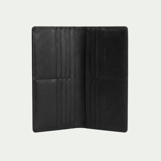 Interior view of the Mancini black buffalo leather RFID wallet showing multiple card slots.