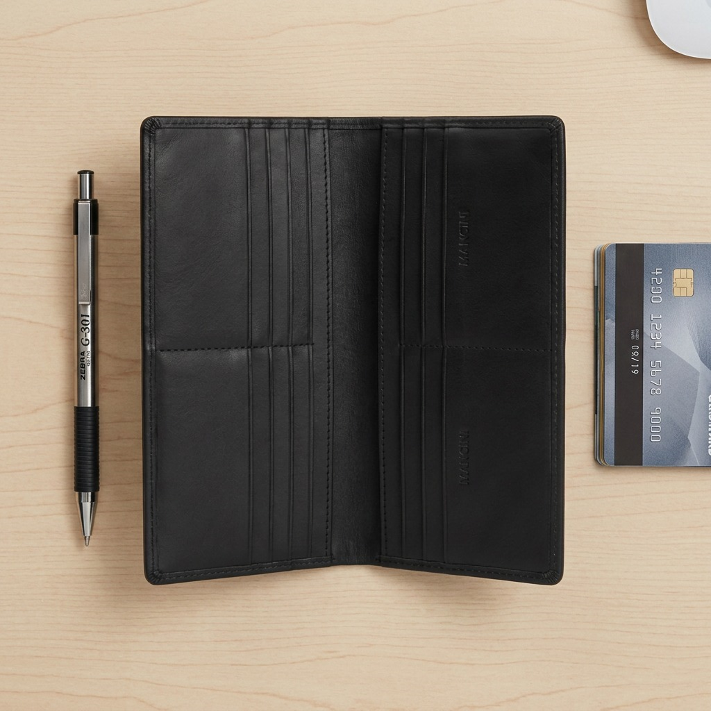 Open black Mancini Buffalo Leather long wallet on a desk next to a pen and card for scale.