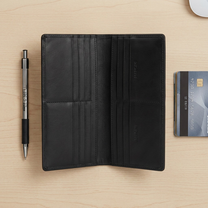 Open black Mancini Buffalo Leather long wallet on a desk next to a pen and card for scale.