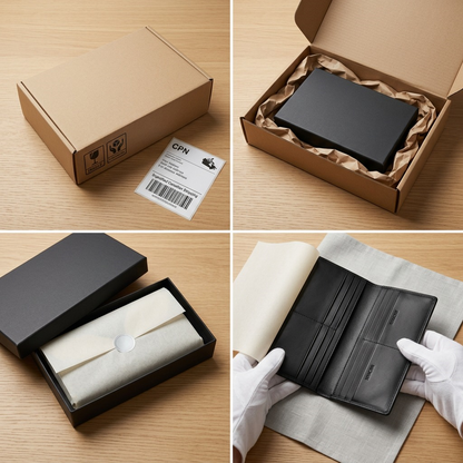 Secure unboxing of a black Mancini leather wallet from a padded shipping box and gift box.