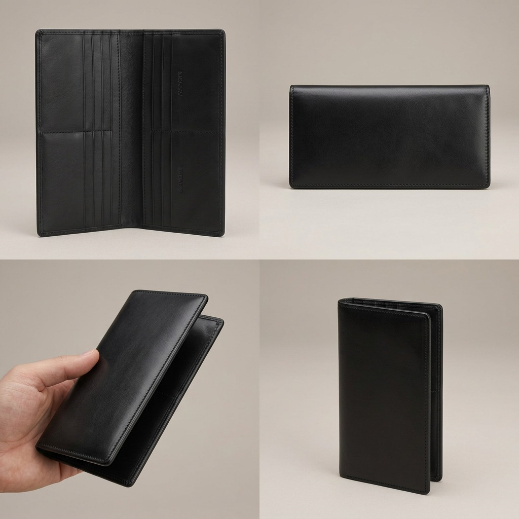 Four views of a Mancini black leather wallet showing card slots, the smooth exterior, and its slim profile.