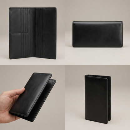 Four views of a Mancini black leather wallet showing card slots, the smooth exterior, and its slim profile.