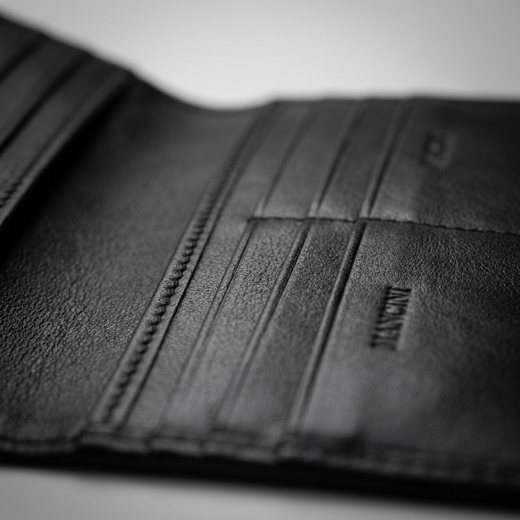 Macro detail of black Mancini leather wallet showing top-grain texture, card slots, and stitching.