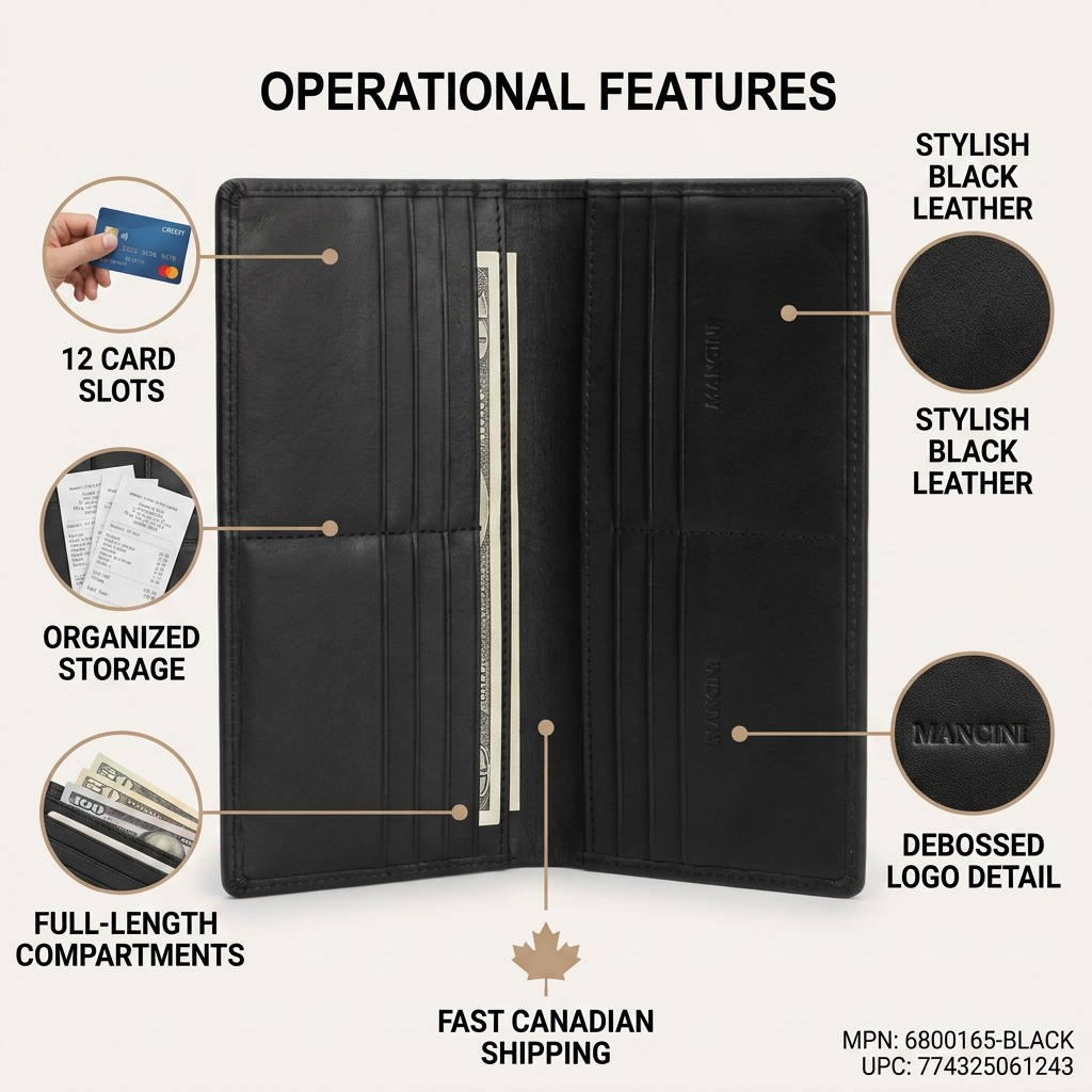 Feature diagram of the Mancini black buffalo leather wallet highlighting card slots and storage.