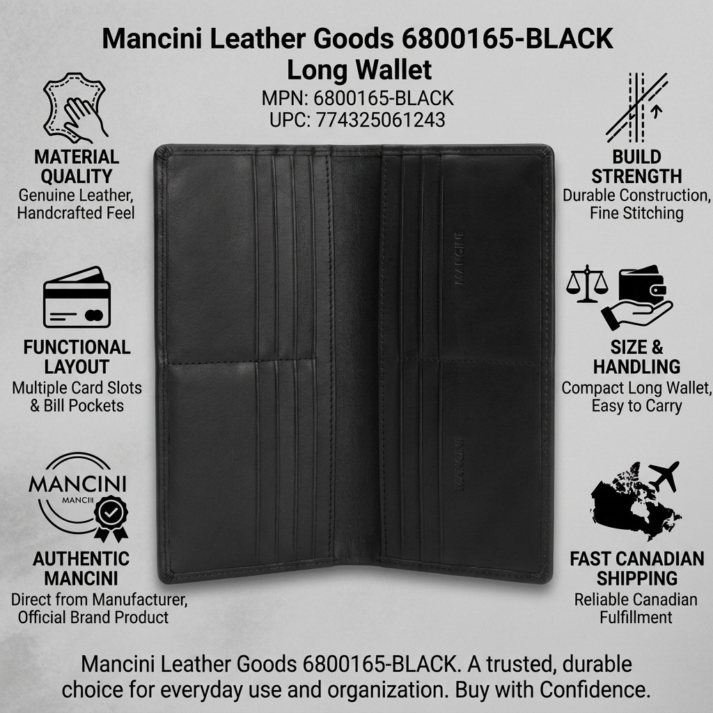 Infographic for Mancini black leather long wallet detailing genuine material, durable build, and functional layout.