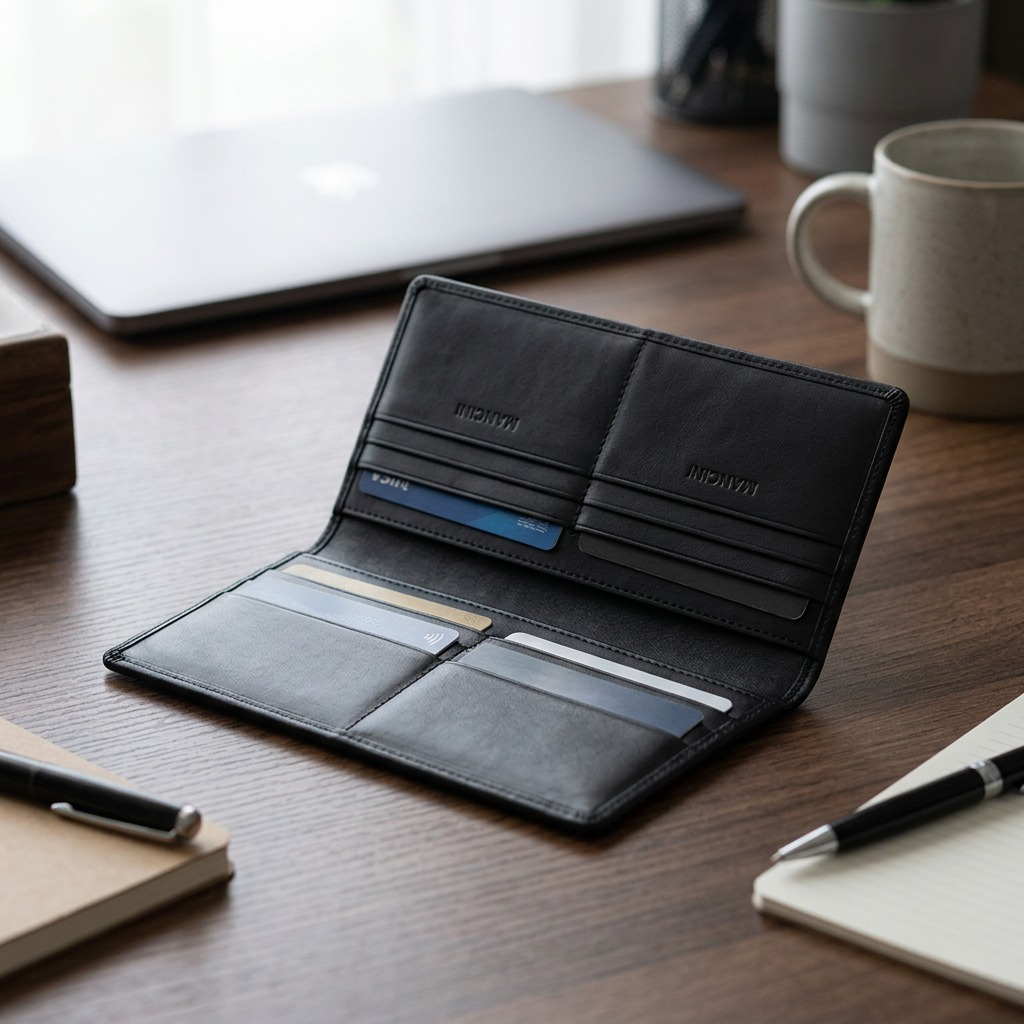 Open Mancini black buffalo leather wallet with cards on a wooden desk near a laptop and notebook.