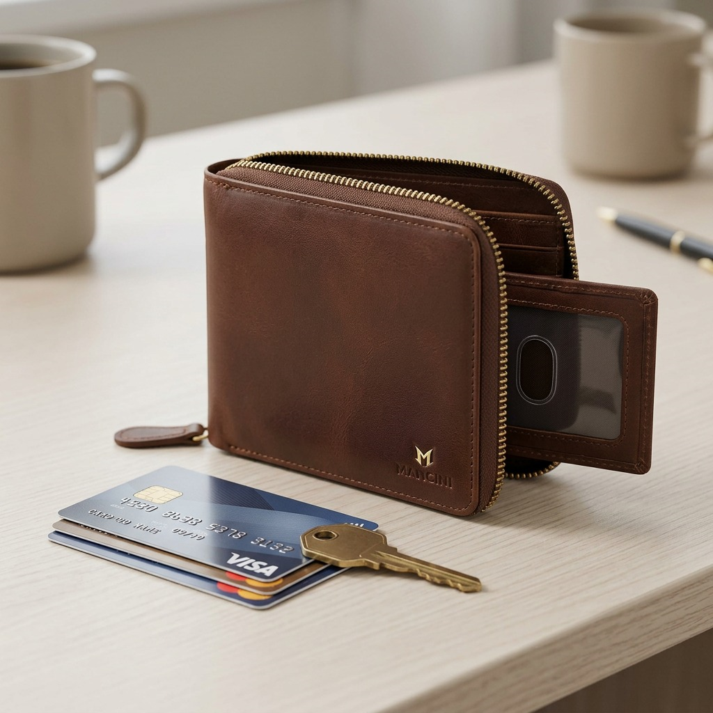 A brown Mancini zip wallet with ID case extended, shown beside a stack of credit cards for scale on a desk.