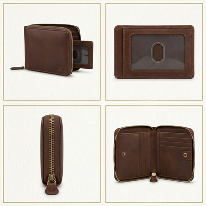 Multi-angle view grid of the brown leather Mancini Men's Zip Wallet with its removable card case.