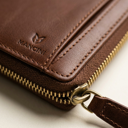 An extreme macro shot showing brown leather grain, gold zipper teeth, and precise hand-stitching details.