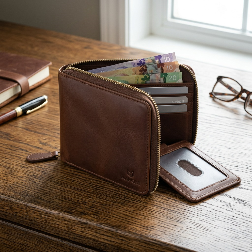 Lifestyle product photograph featuring the brown Mancini men's zip-around wallet on a rustic wooden desk with accessories.