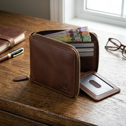 Lifestyle product photograph featuring the brown Mancini men's zip-around wallet on a rustic wooden desk with accessories.