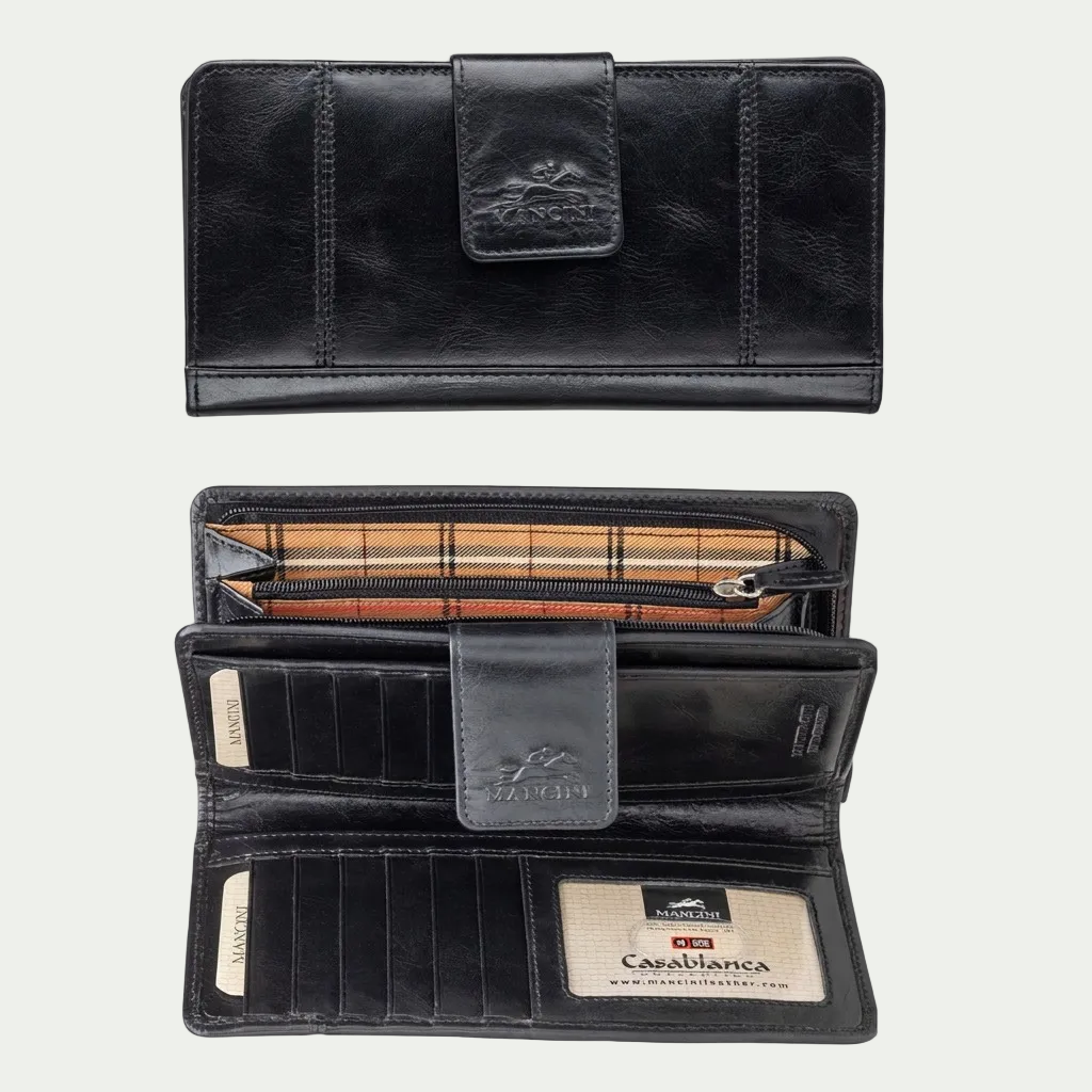 Front and interior view of the Mancini Ladies’ RFID Secure Clutch Wallet in black top-grain leather.