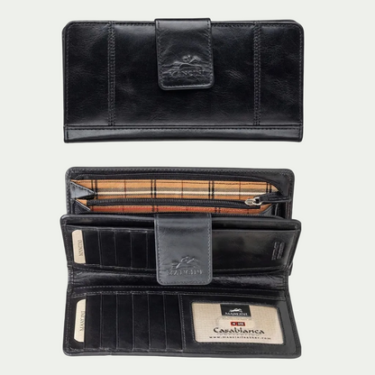 Front and interior view of the Mancini Ladies’ RFID Secure Clutch Wallet in black top-grain leather.