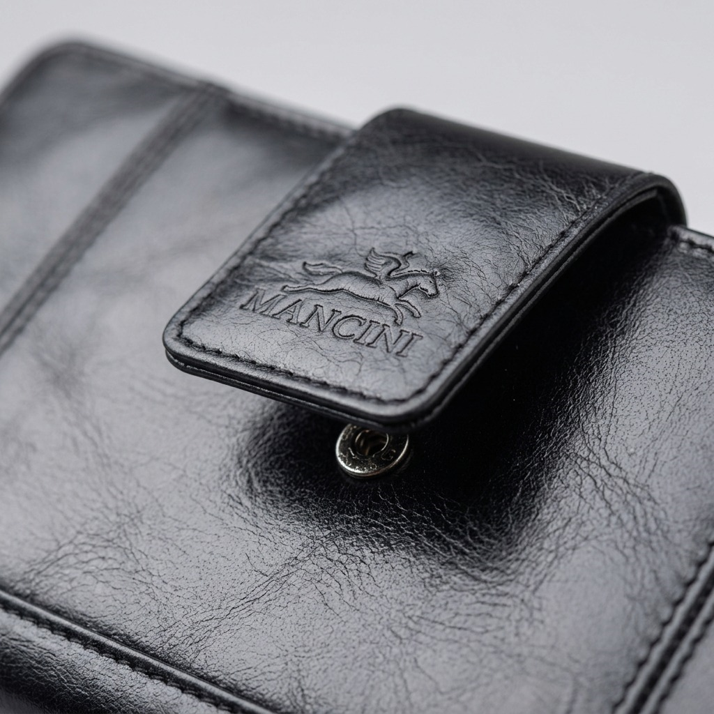 Macro view of black top-grain leather texture, Mancini embossed logo, and snap closure on a clutch.