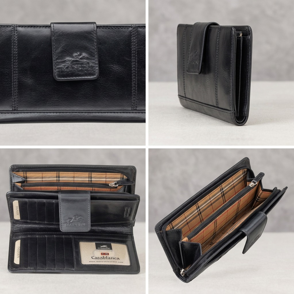 A grid of four views of the Mancini black leather RFID clutch wallet showing open and closed angles.