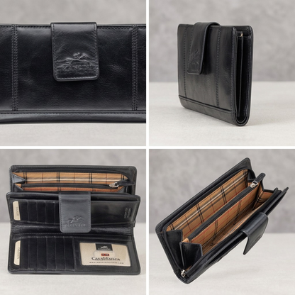 A grid of four views of the Mancini black leather RFID clutch wallet showing open and closed angles.