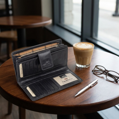 Open Mancini black leather clutch wallet on a cafe table next to a latte, glasses, and a pen.