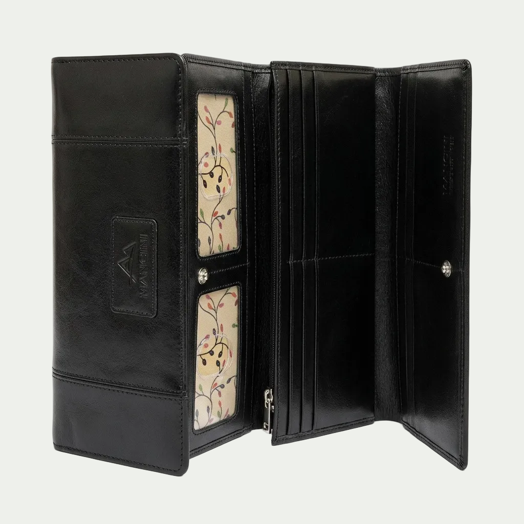 Open Mancini Casablanca black trifold leather wallet showing card slots and patterned ID windows.