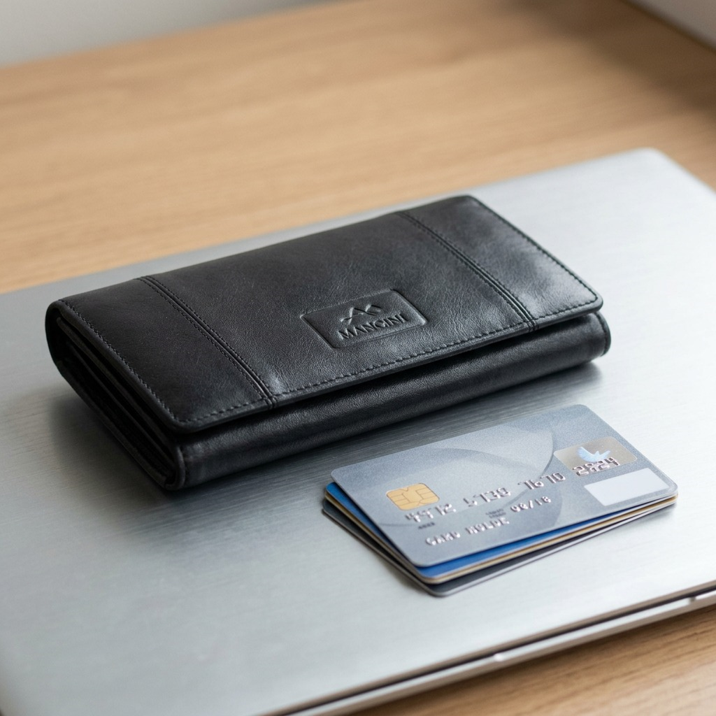 Black Mancini Casablanca leather trifold wallet shown next to credit cards for size comparison.