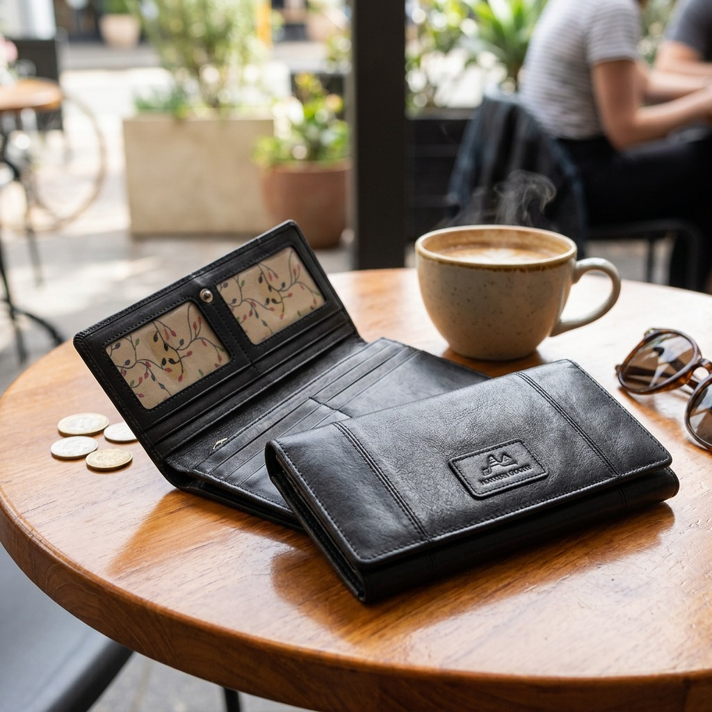 Black Mancini Casablanca trifold leather wallet displayed open and closed on a wooden cafe table.