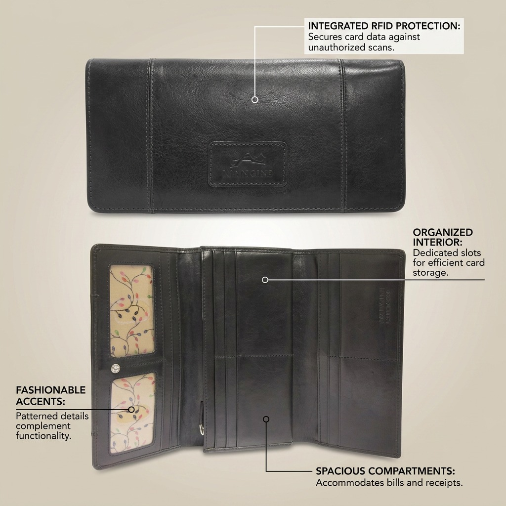 Black Mancini Casablanca trifold wallet features showing RFID protection and organized interior.