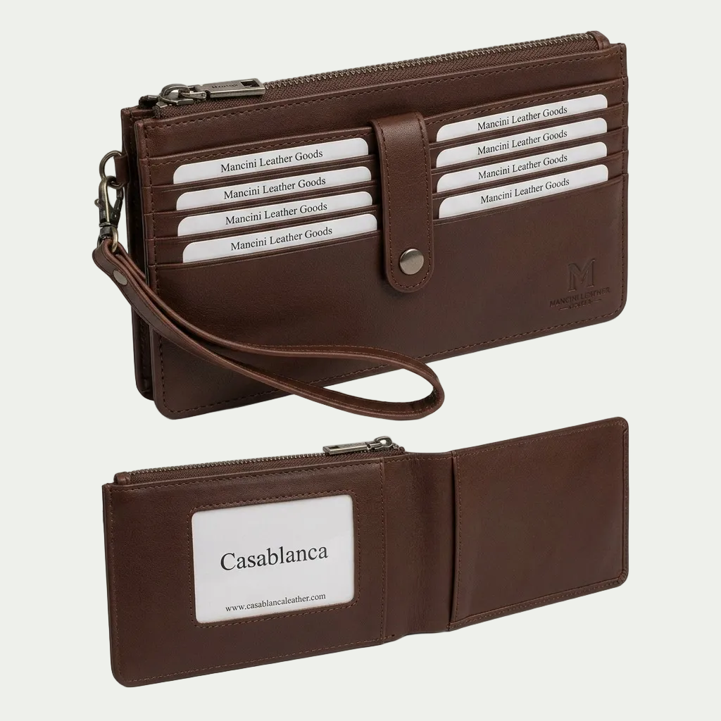 A high-resolution, centered eCommerce hero shot of the Mancini brown leather ladies' wristlet, showcasing its front detail and side profile with the wrist strap.