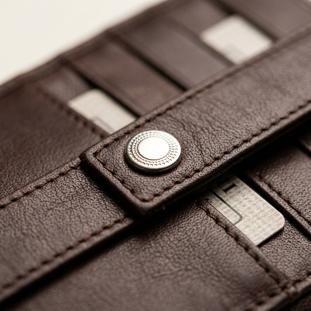 A high-resolution macro photograph showing the detailed grain of the brown leather and a polished metal snap button on a wristlet.