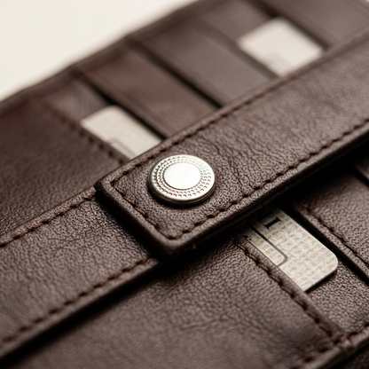 A high-resolution macro photograph showing the detailed grain of the brown leather and a polished metal snap button on a wristlet.