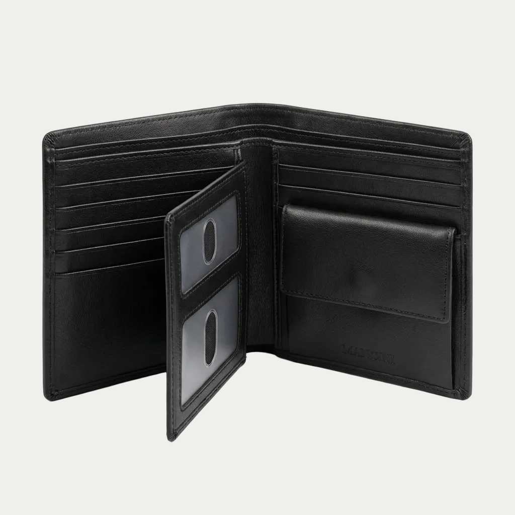 Premium high-resolution hero shot of the open Mancini black leather wallet with removable passage and coin pouch, centered on a pure white background.