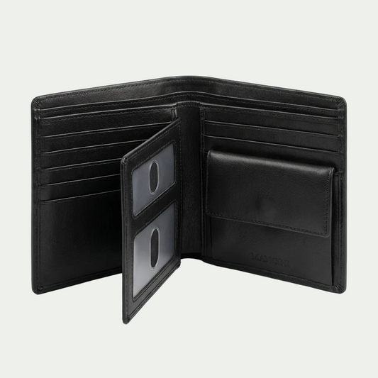 Premium high-resolution hero shot of the open Mancini black leather wallet with removable passage and coin pouch, centered on a pure white background.