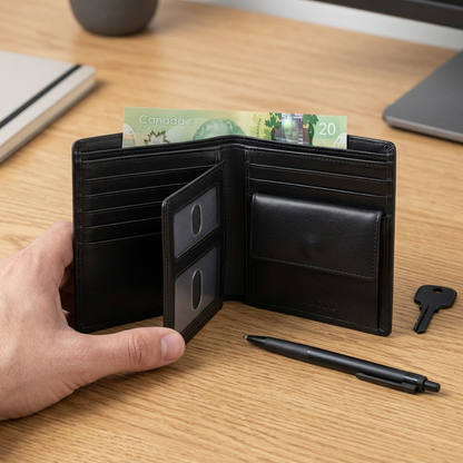 Mancini leather wallet on a desk, held next to a pen and key for scale comparison.