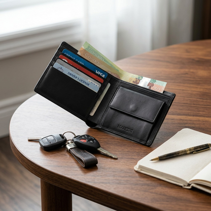 A flat-lay photograph of a black Mancini leather wallet and passcase with cash and cards, next to keys and a notepad, on a wooden coffee table.