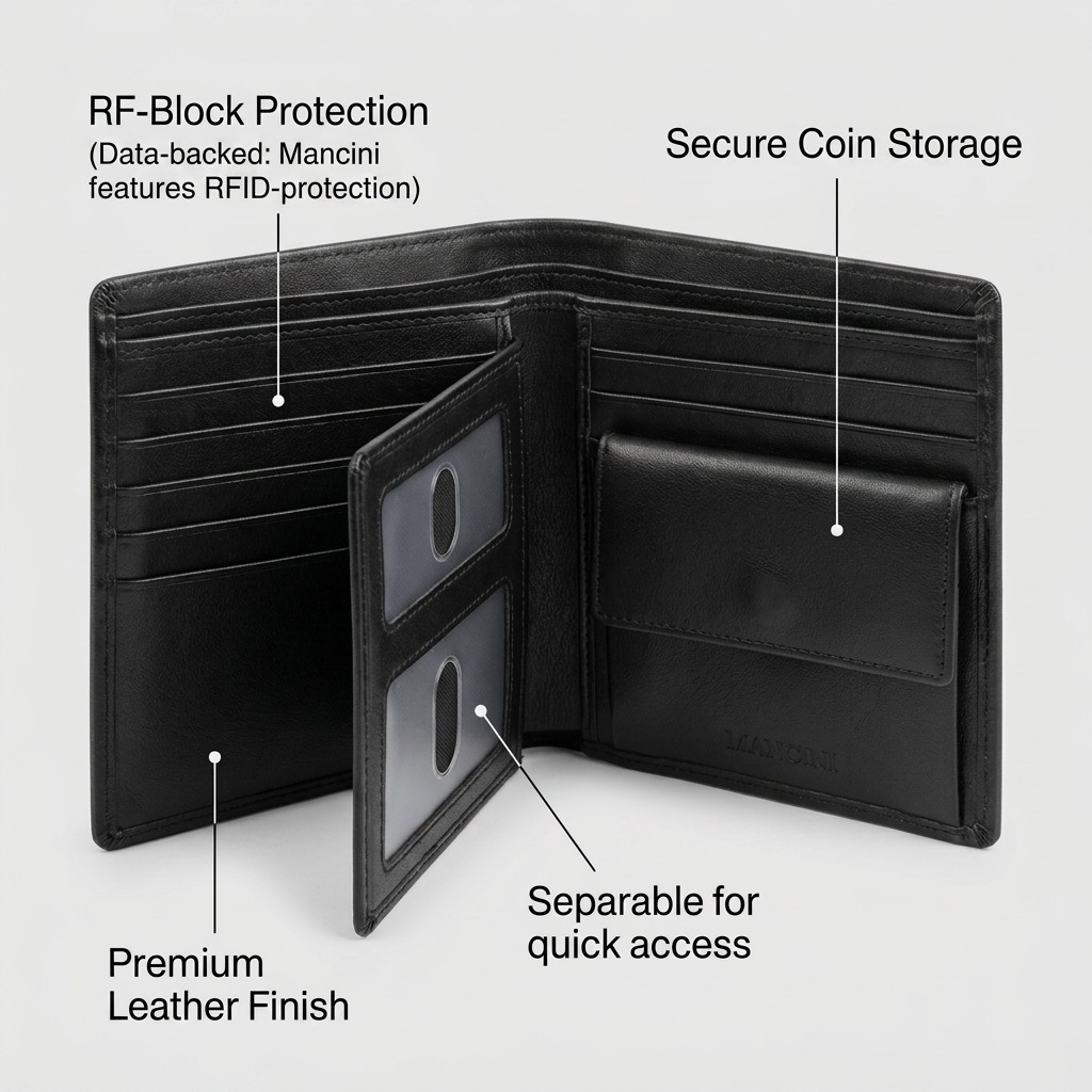 A feature graphic of the Mancini leather wallet, with labels highlighting its operational benefits like RF blocking and removable passcase.