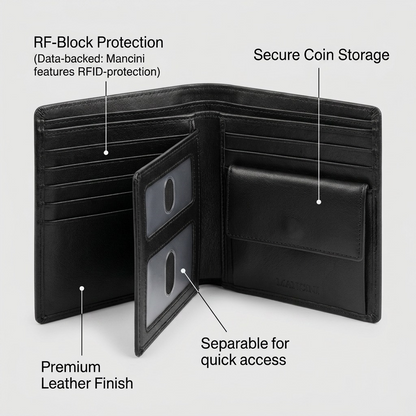 A feature graphic of the Mancini leather wallet, with labels highlighting its operational benefits like RF blocking and removable passcase.