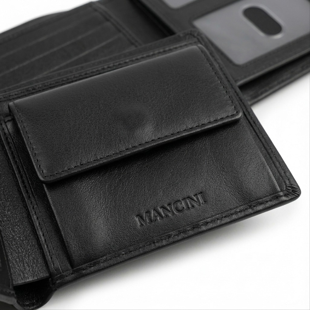 Macro close-up of Mancini wallet focusing on precise logo stamping and quality stitching details.
