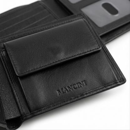 Macro close-up of Mancini wallet focusing on precise logo stamping and quality stitching details.