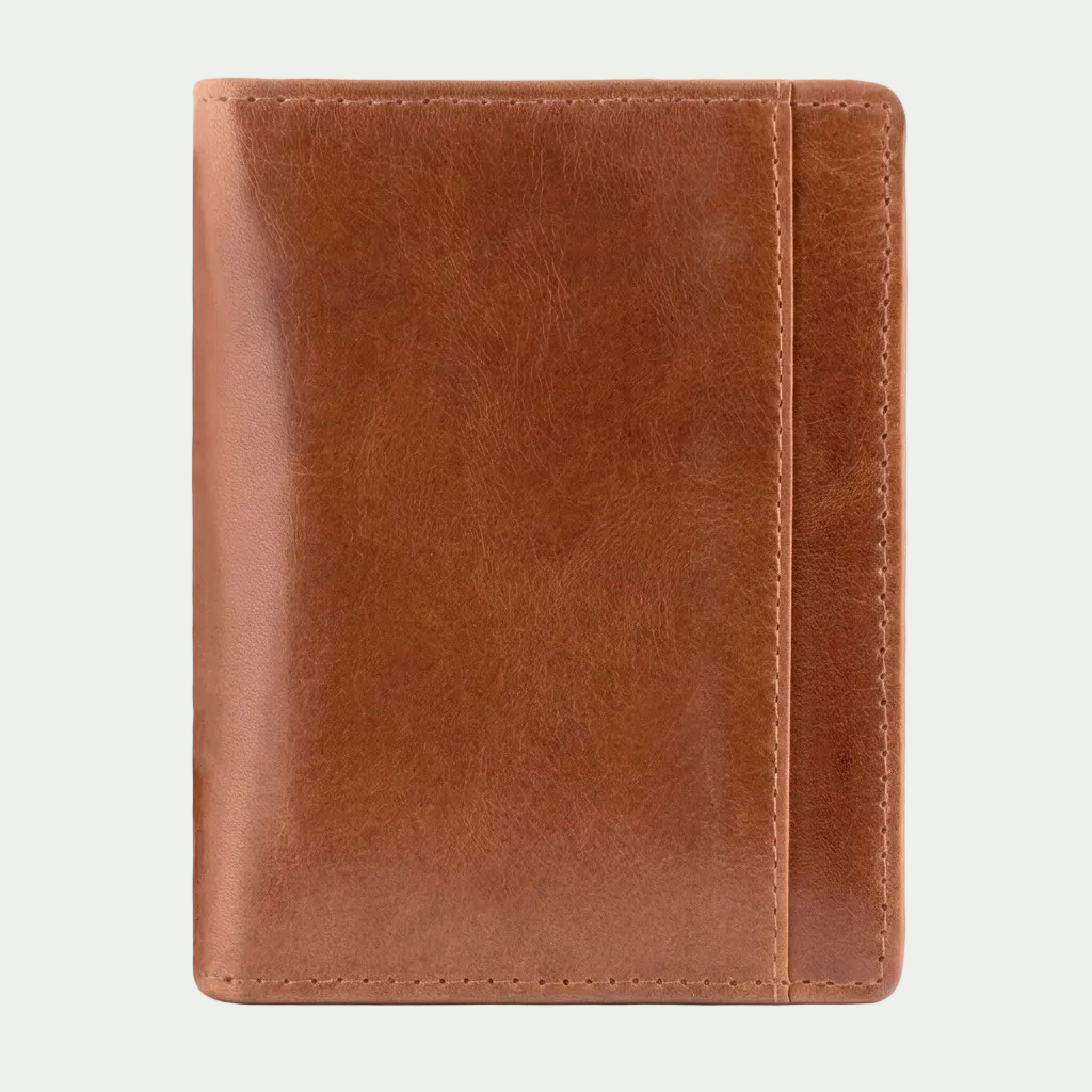 Mancini Men’s Vertical Wing Wallet in Cognac buffalo leather with visible grain and top stitching.