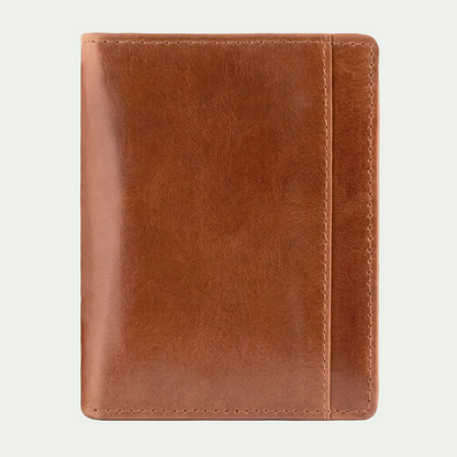 Mancini Men’s Vertical Wing Wallet in Cognac buffalo leather with visible grain and top stitching.