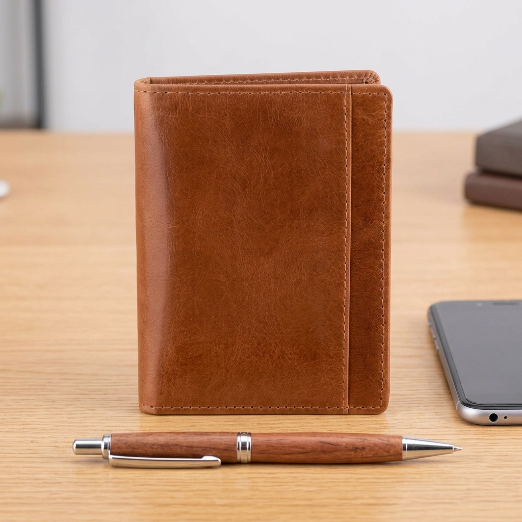 A cognac Mancini vertical wing wallet stands on a desk beside a smartphone and pen for scale.