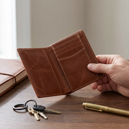 A hand holding an open Mancini cognac buffalo leather vertical wing wallet over a wooden desk.
