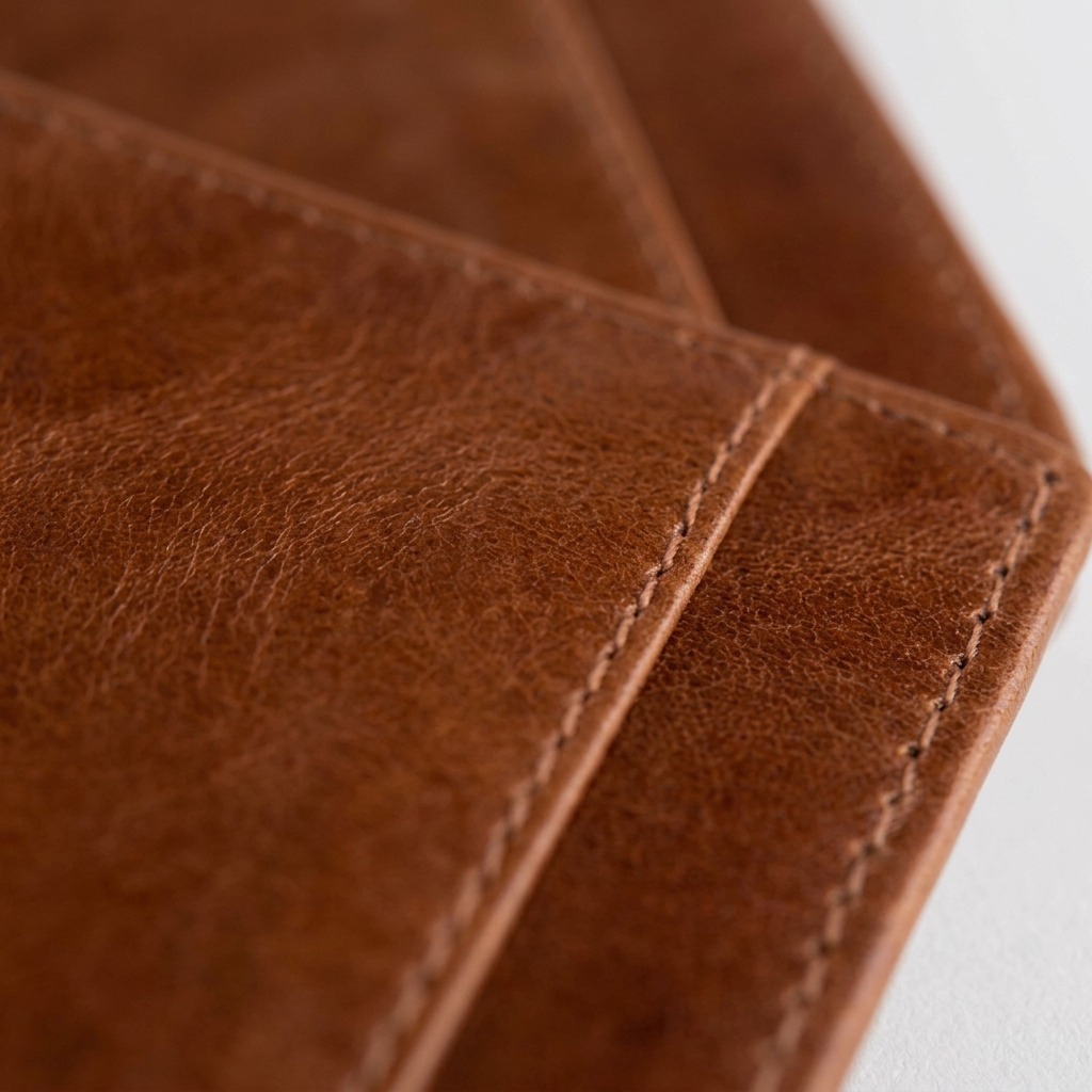 Macro detail of the Mancini Vertical Wing Wallet in cognac buffalo leather with reinforced stitching.