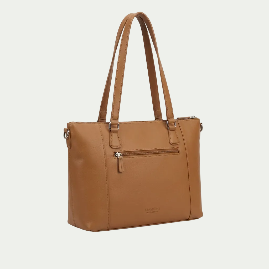 Mancini Kelsea Camel top-grain leather shoulder bag featuring a zippered pocket and double handles.