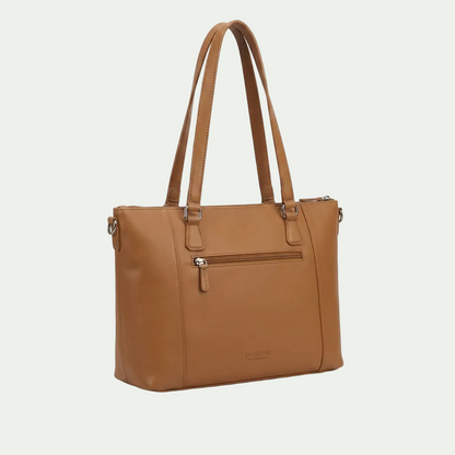 Mancini Kelsea Camel top-grain leather shoulder bag featuring a zippered pocket and double handles.