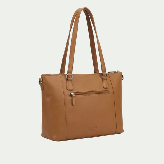Mancini Kelsea Camel top-grain leather shoulder bag featuring a zippered pocket and double handles.