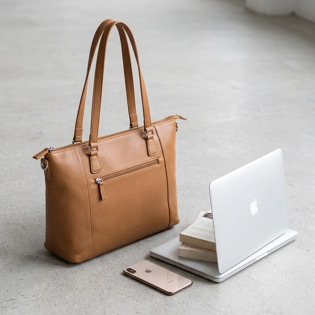 Mancini Kelsea Camel leather shoulder bag shown next to a laptop and smartphone for scale.