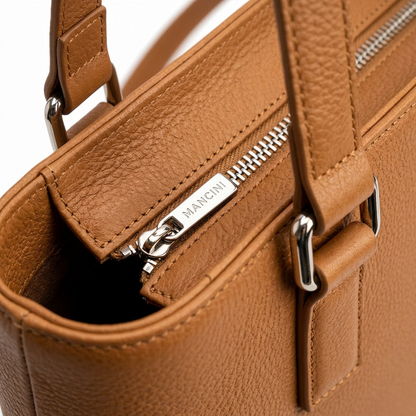 Macro detail of camel top-grain leather on a Mancini Kelsea bag, showing the metal zipper and pull.