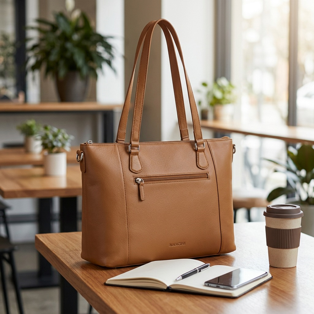 Mancini Kelsea camel top-grain leather shoulder bag on a cafe table with a notebook and coffee.